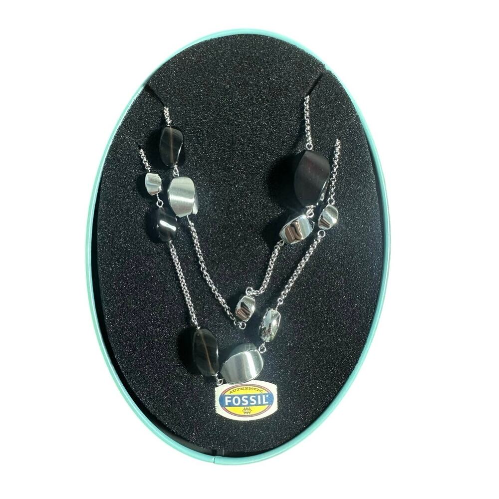 Fossil NWT Stainless Steel Black Silver Beaded Art Deco Necklace 34 in